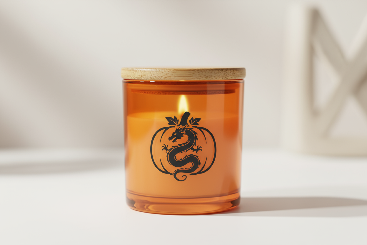 pumpkin spice candle, a little more yellow than orange but very gorgeous. Has a wooden bamboo lid and orange glass with a black dragon logo on it with a pumpkin.